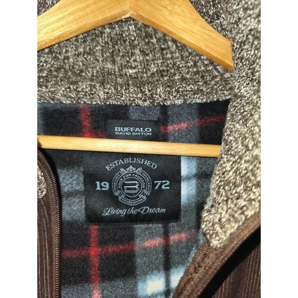 Buffalo David Bitton Mens L Brown Full Zip Plaid Fleece Lined Sweater Jacket